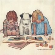Wenskaart Boy Girl Dog Reading